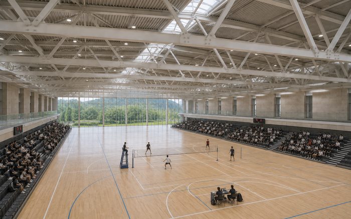 The main hall of Bay Arc Stadium set up for court sports