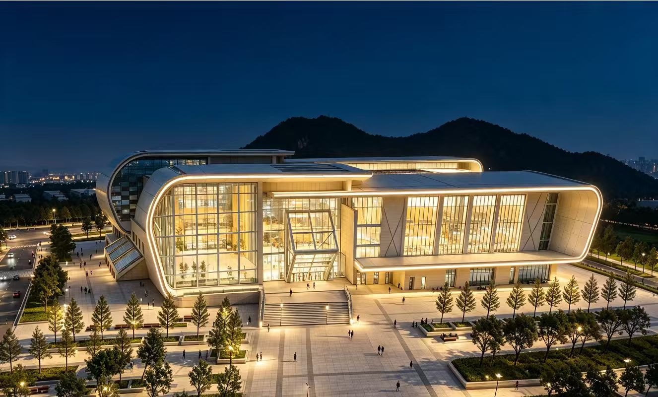 Bay Arc Stadium at dusk, its glazed entrance front lit from within