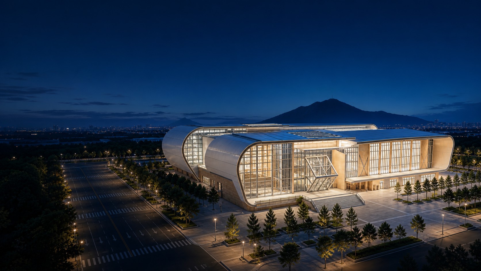 Bay Arc Stadium illuminated at night