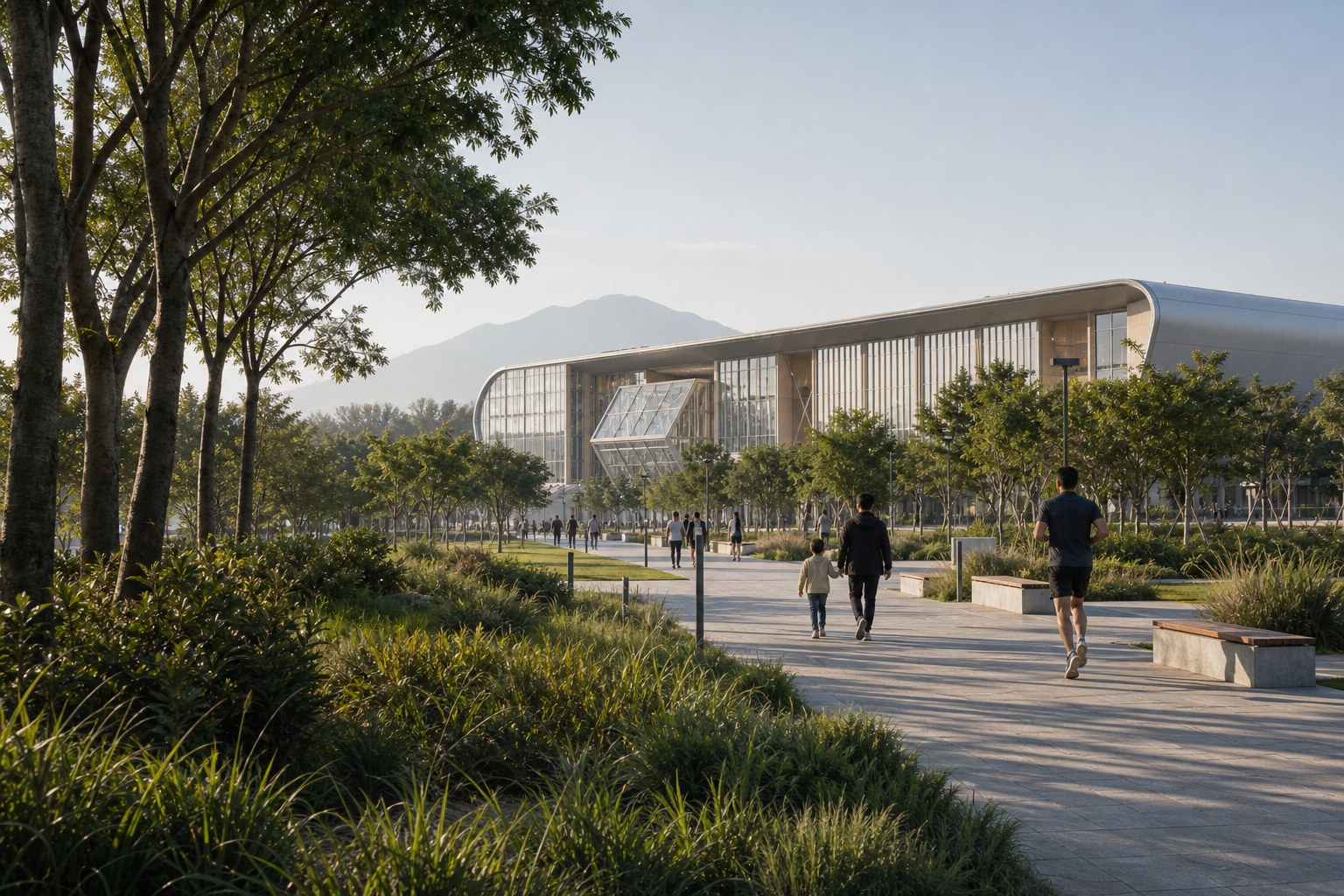 A landscaped public path leading families and runners toward Bay Arc Stadium